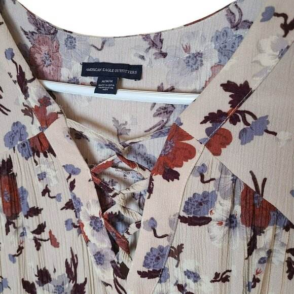 American Eagle Outfitters Womens Sz M Floral Boho Flowy Tunic Top Blouse Begie R - Picture 3 of 12